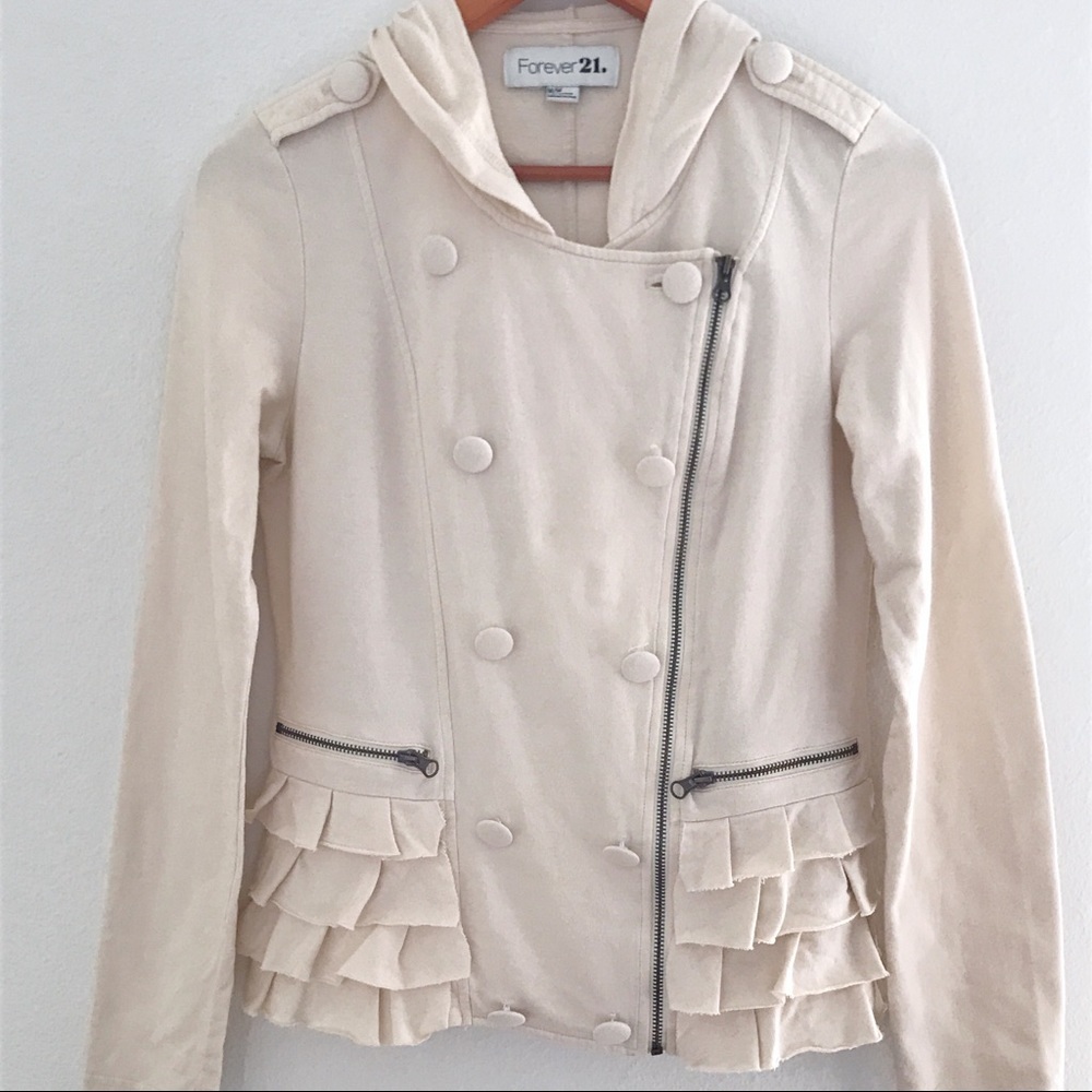 💝 Forever 21 Cream Ruffled Button Hoodie